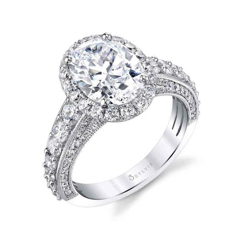 Sylvie Platinum Vintage-Inspired Oval Halo Engagement Ring Setting with Milgrain Detail