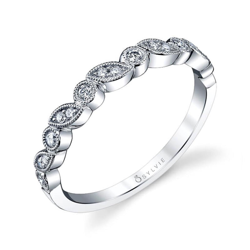 Sylvie Women's 14k White Gold Vintage Stackable Diamond Wedding Band with Milgrain Detail