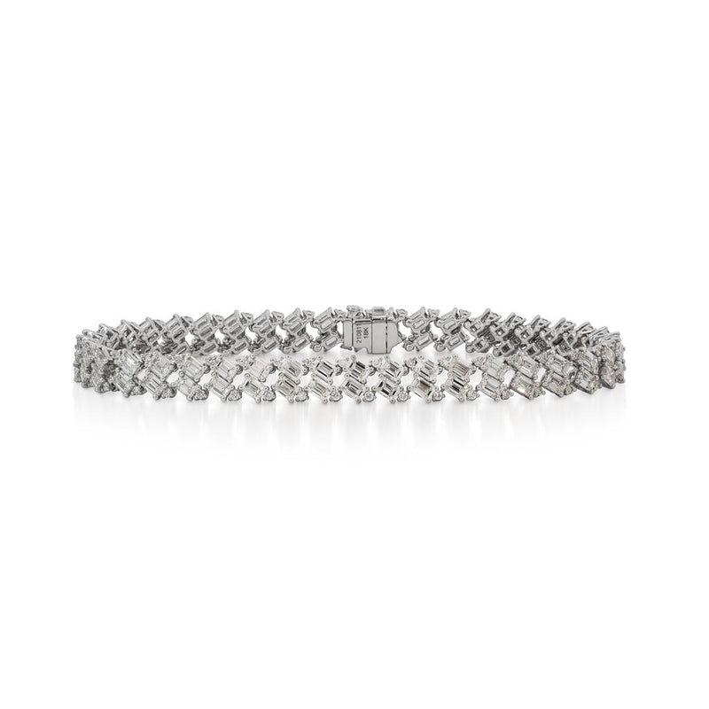 Davis Classics 18k White Gold Double Row Emerald Cut and Round Diamond Bracelet