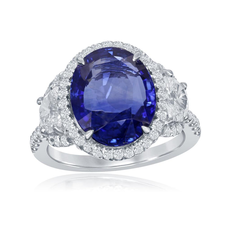Davis Classics Platinum Halo Three-Stone Blue Sapphire and Diamond Ring