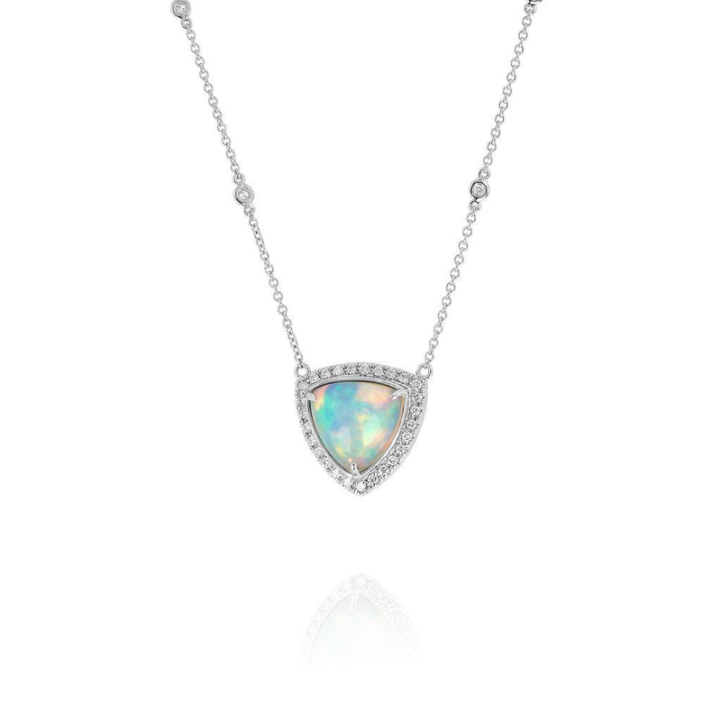Yael 18k White Gold Ethiopian Opal and Diamond Halo Pendant Necklace