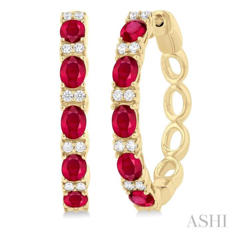 Davis Classics 14k Yellow Gold Ruby and Diamond Hoop Earrings