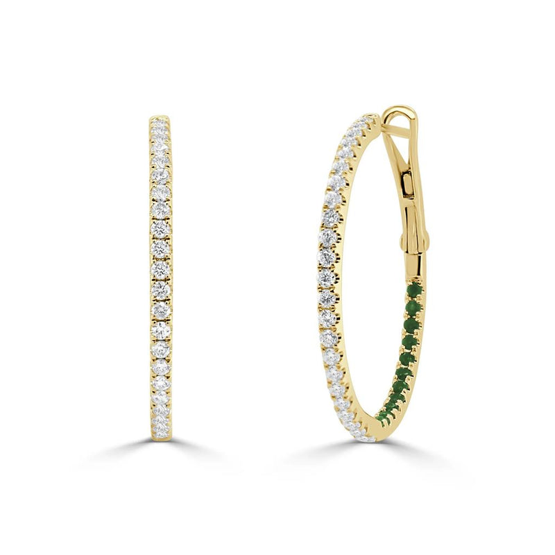 Davis Classics 14k Yellow Gold Emerald and Diamond In/Out Hoop Earrings