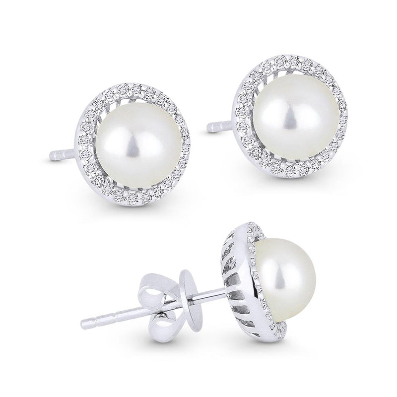 Madison L 14k White Gold Pearl Halo Stud Earrings