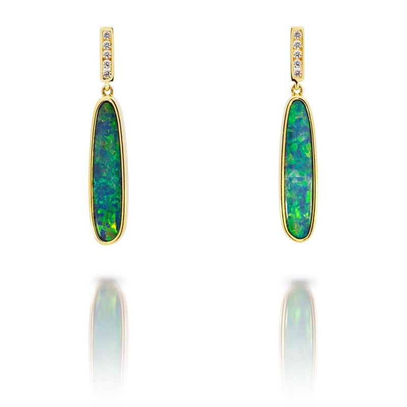 Davis Classics 14k Yellow Gold Australian Opal and Diamond Drop Earrings