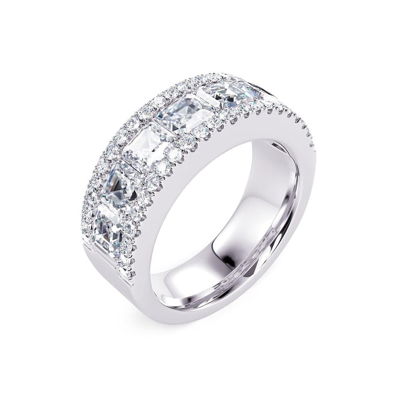Davis Classics Women's 18k White Gold Multi-Row Asscher Cut and Round Diamond Wedding Band