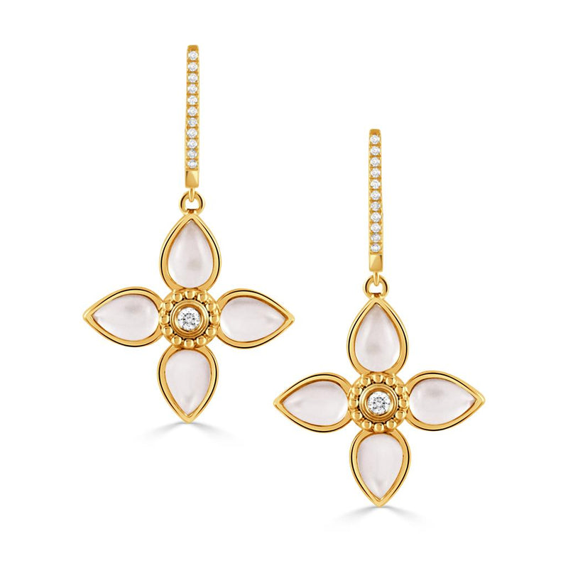 Doves 18k Yellow Gold Ravenna Floral Clear Quartz and Mother of Pearl Dangle Hoop Earrings
