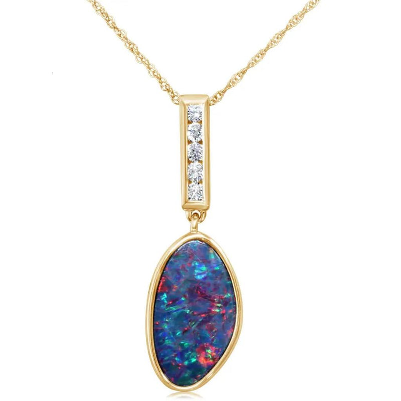 Davis Classics 14k Yellow Gold Australian Opal and Diamond Drop Pendant