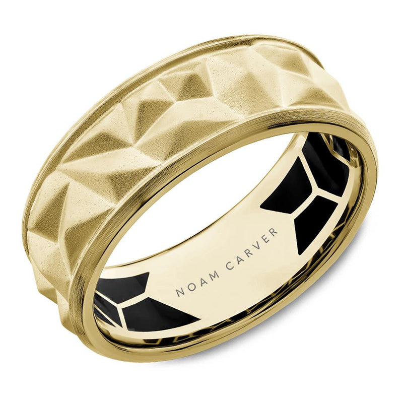 Noam Carver 14k Yellow Gold 8mm Comfort Fit Wedding Band with Sandpaper Patterned Finish and Lacquer Inlay Interior