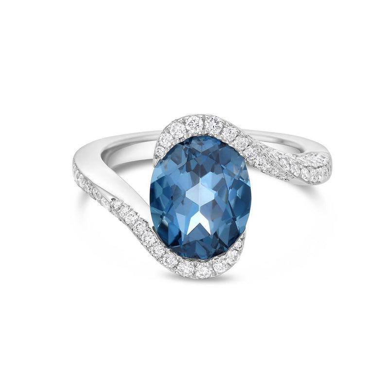 Charles Krypell 18k White Gold London Blue Topaz and Diamond Bypass Ring