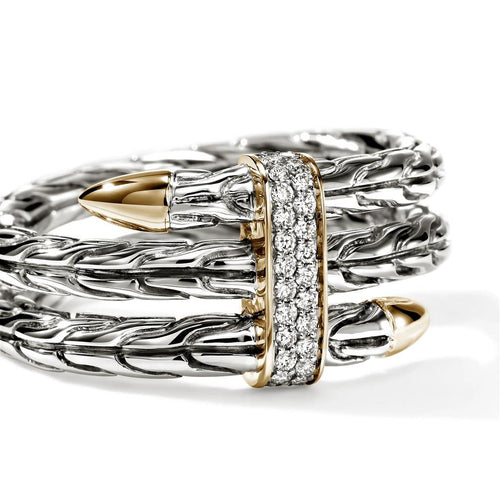 John Hardy Sterling Silver and 14k Yellow Gold Spear Triple Tier Diamond Ring