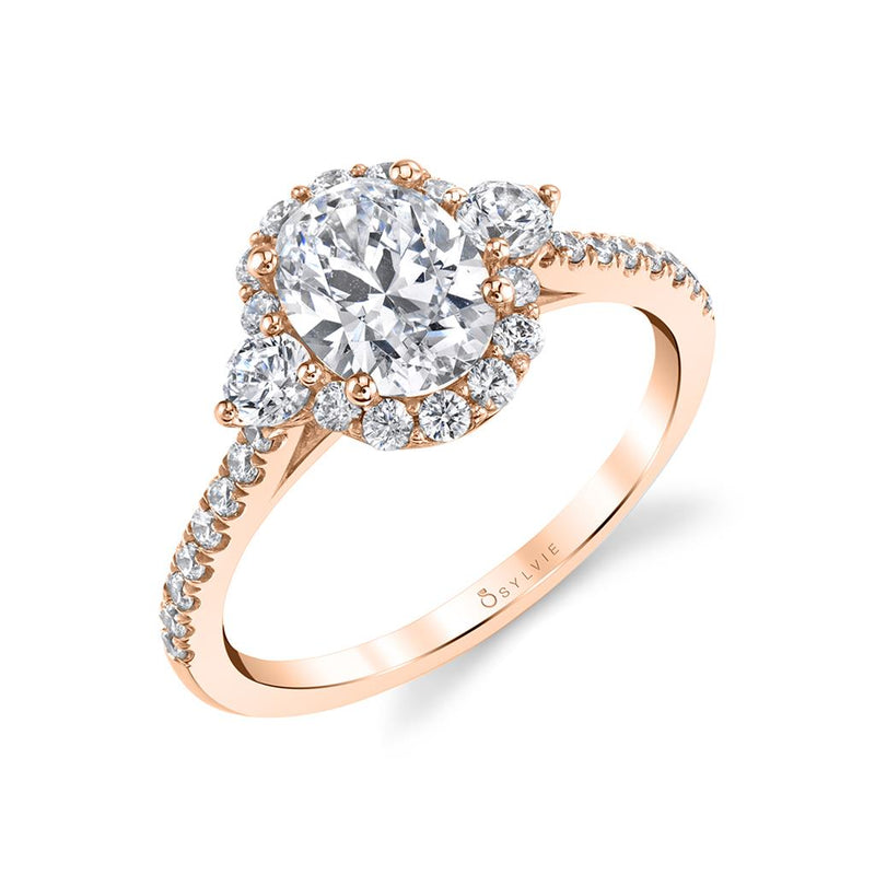 Sylvie 14k Rose Gold Halo Design Three-Stone Style Engagement Ring Setting