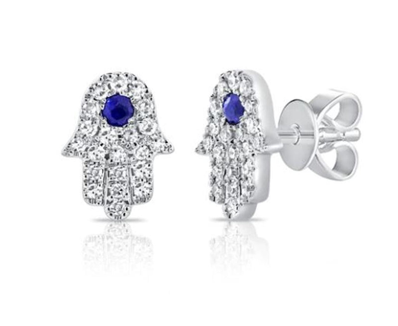 Davis Classics 14k White Gold Blue Sapphire and Diamond Hamsa Stud Earrings