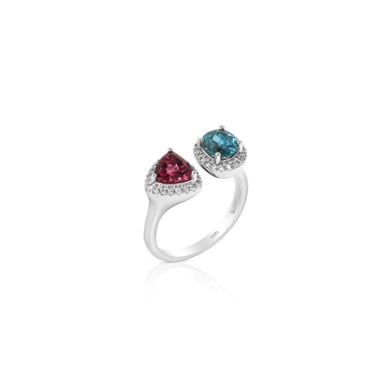 Yael Designs 18k White Gold Blue Zircon and Rubellite Tourmaline Fashion Ring
