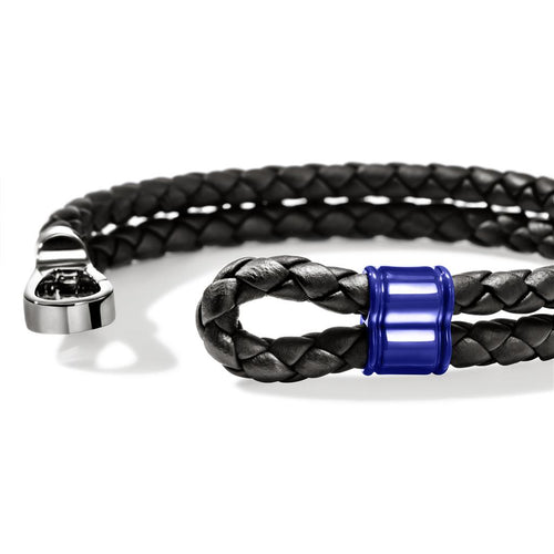 John Hardy Sterling Silver Black Leather and Blue Enamel Bracelet