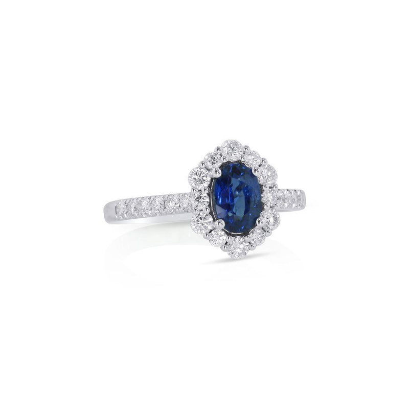 Yael 18k White Gold Ceylon Blue Sapphire and Diamond Halo Ring