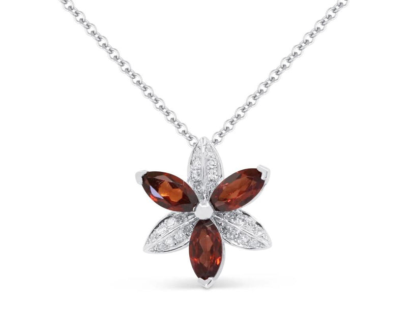 Madison L 14k White Gold Garnet and Diamond Floral Pendant Necklace