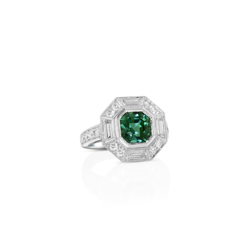 Yael 18k White Gold Afghan Green Tourmaline and Diamond Art Deco Halo Ring