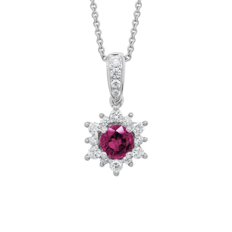 Davis Classics 14k White Gold Ruby and Diamond Floral Halo Pendant Necklace