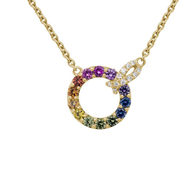 Davis Classics 14k Yellow Gold Multi-Color Sapphire and Diamond Open Circle Pendant Necklace