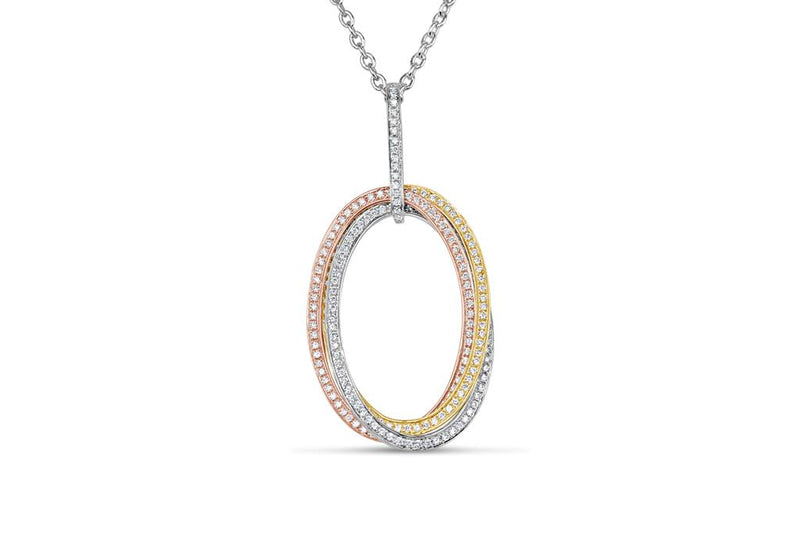 Davis Classics 18k Yellow, Rose, and White Gold Interlocking Triple Oval Diamond Pendant Necklace