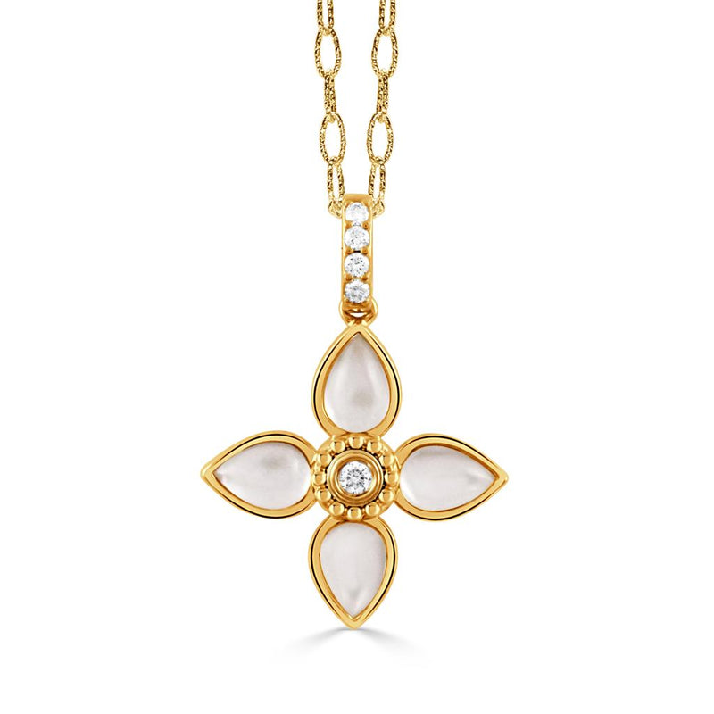 Doves 18k Yellow Gold Ravenna Clear Quartz, Mother of Pearl, and Diamond Floral Pendant