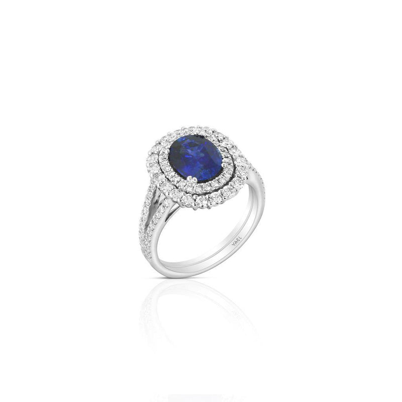 Yael 18k White Gold Ceylon Blue Sapphire and Diamond Double Halo Fashion Ring