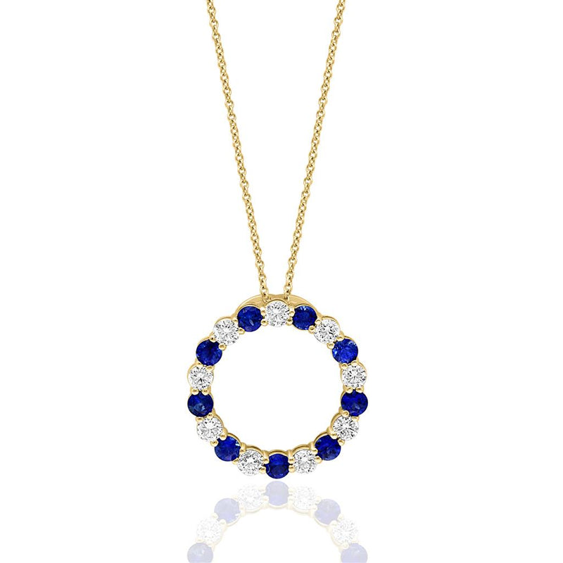 Davis Classics 14k Yellow Gold Open Circle Blue Sapphire and Diamond Pendant Necklace