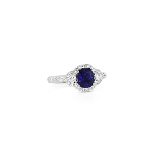 Yael 18k White Gold Blue Sapphire and Diamond Three-Stone Halo Ring