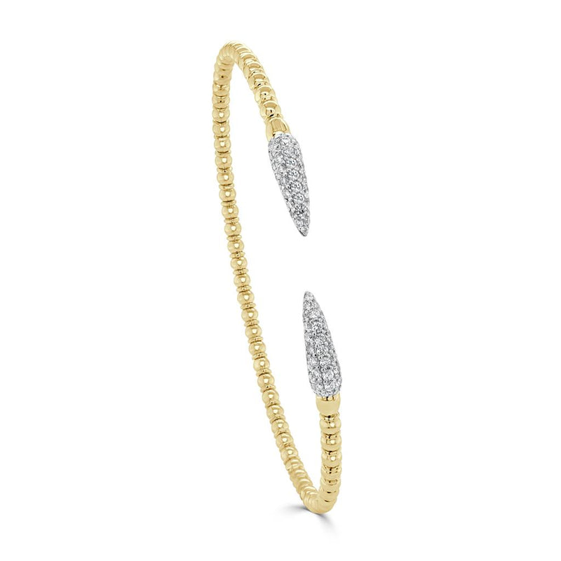 Davis Classics 14k Yellow Gold Spear Diamond Open Cuff Flex Bead Bangle Bracelet