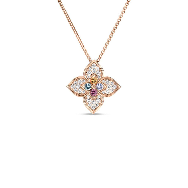 Roberto Coin 18k Rose Gold Venetian Princess Collection Rainbow Gemstone and Diamond Floral Pendant Necklace