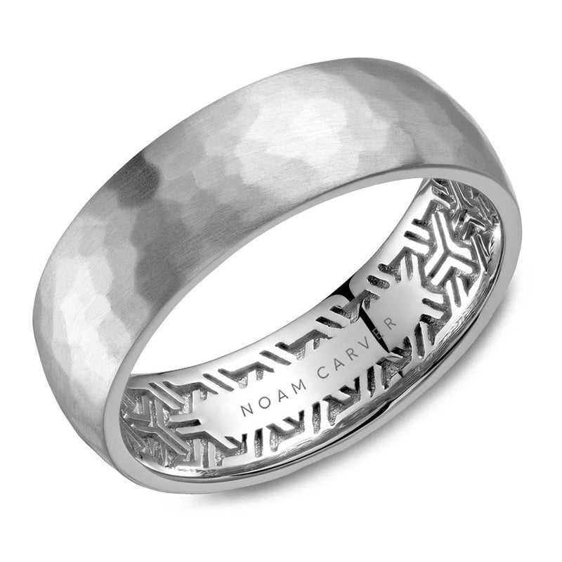 Noam Carver 14k White Gold 7.5mm Comfort Fit Wedding Band with Hammered Satin Finish and Egyptian Pattern Interior