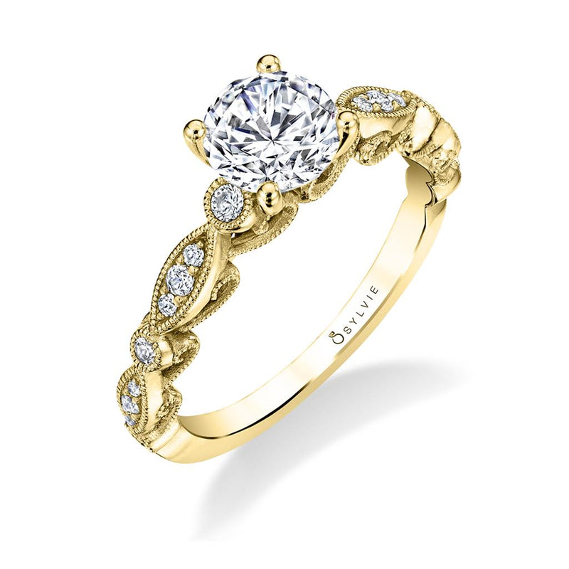 Sylvie 14k Yellow Gold Vintage Style Engagement Ring Setting with Milgrain Detail and Filigree Design