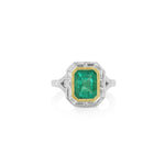 Yael 18k White and Yellow Gold Emerald and Diamond Art Deco Halo Ring