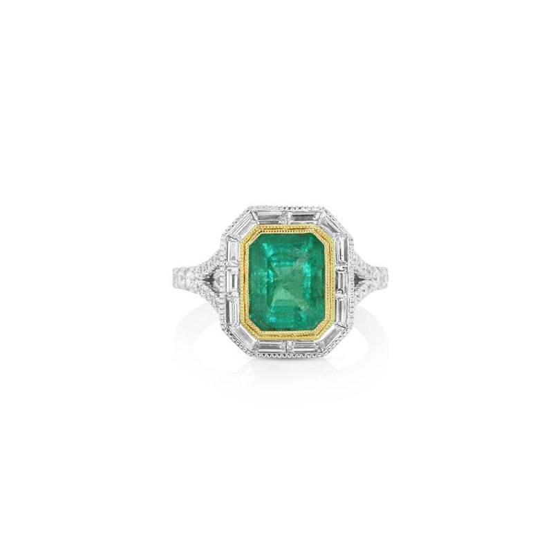 Yael 18k White and Yellow Gold Emerald and Diamond Art Deco Halo Ring