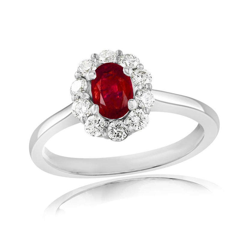 Davis Classics 18k White Gold Ruby and Diamond Floral Halo Ring