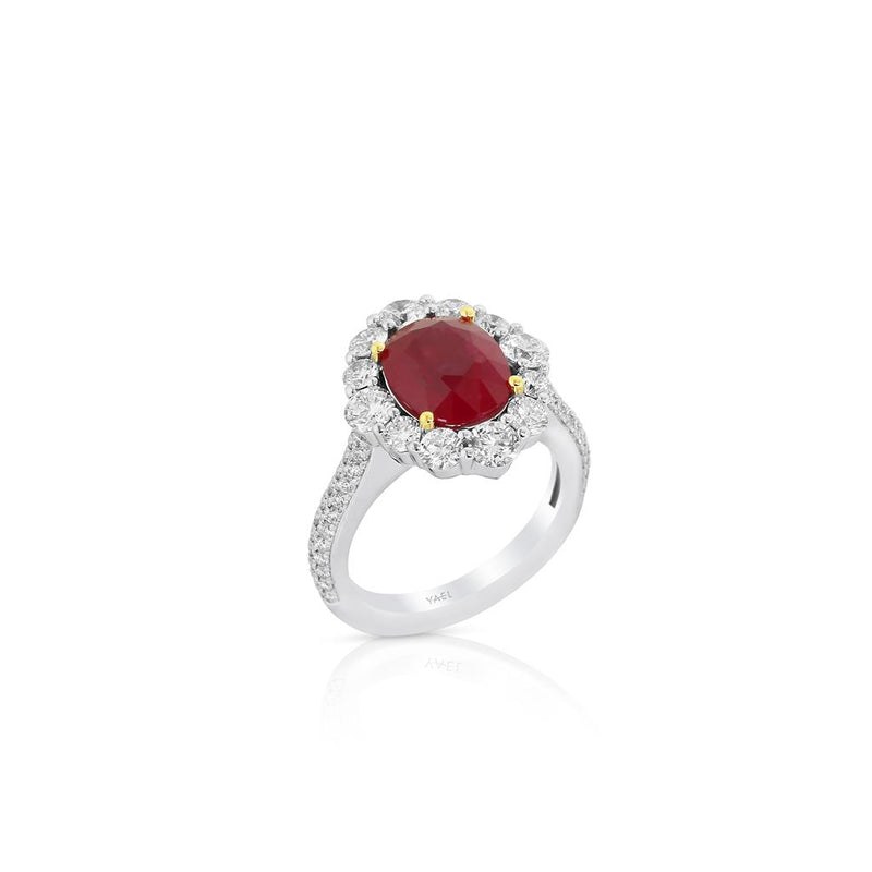 Yael 18k White and Yellow Gold Ruby and Diamond Floral Halo Ring