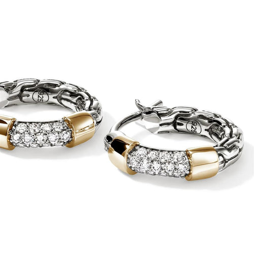 John Hardy 14k Yellow Gold and Sterling Silver Essential Pave Diamond Hoop Earrings