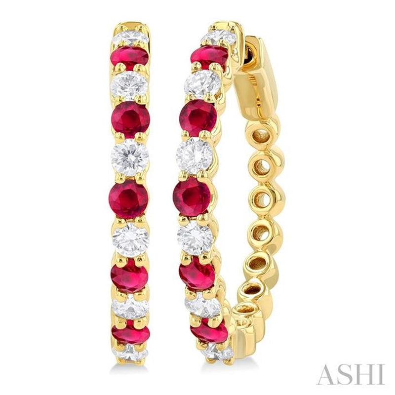Davis Classics 14k Yellow Gold Ruby and Diamond Hoop Earrings