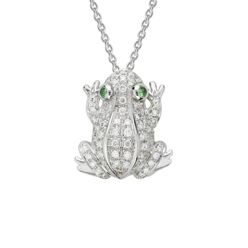 Davis Classics 14k White Gold Diamond and Tsavorite Garnet Frog Pendant Necklace