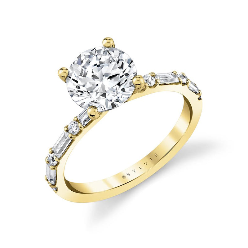 Sylvie 14k Yellow Gold Semi Mount with Round and Baguette Diamond Accents