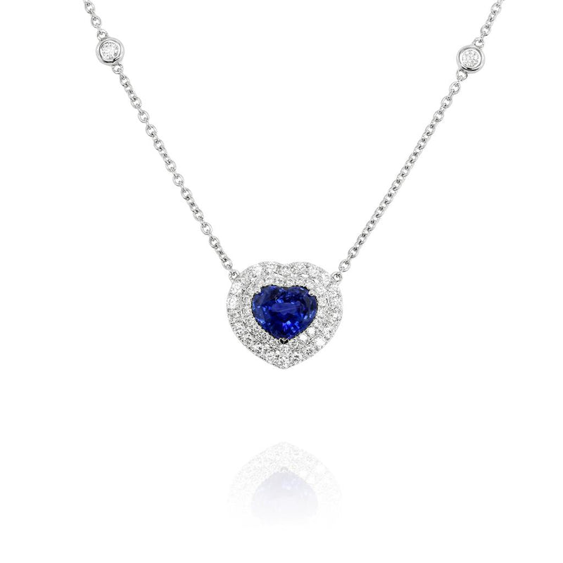 Yael 18k White Gold Sapphire and Diamond Double Halo Heart Pendant Necklace