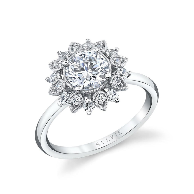 Sylvie 14k White Gold Vintage-Inspired Floral Halo Engagement Ring Setting with Milgrain Detail