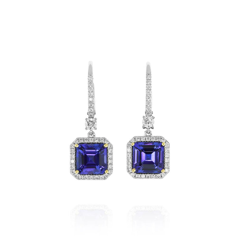 Yael 18k White and Yellow Gold Tanzanite and Diamond Halo Dangle Earrings