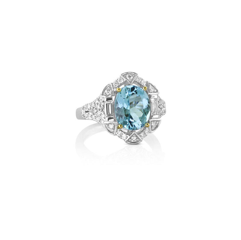 Yael 18k White and Yellow Gold Brazilian Aquamarine and Diamond Vintage Halo Ring