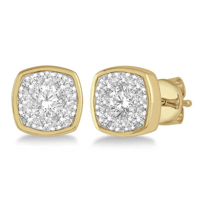 Davis Classics 14k Yellow and White Gold Cushion Bezel Diamond Stud Earrings
