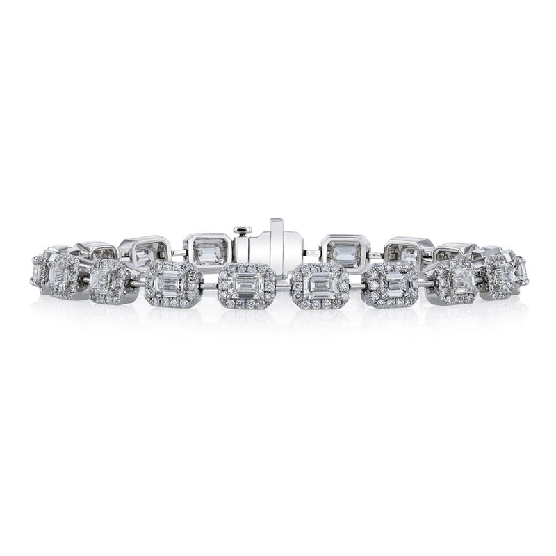 Davis Classics Platinum Halo Station Emerald Cut and Round Diamond Bracelet