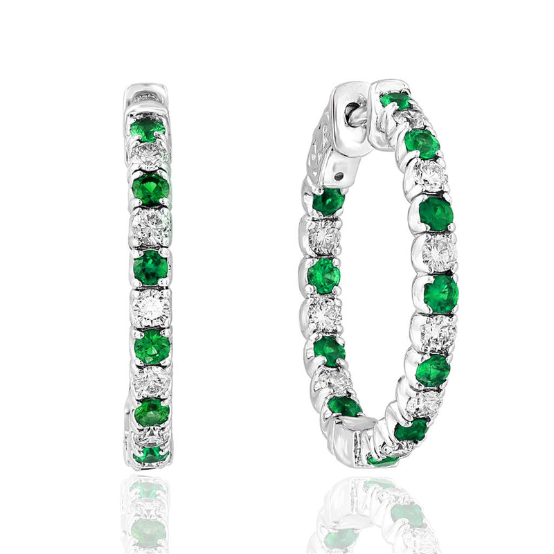 Davis Classics 14k White Gold Emerald and Diamond In/Out Hoop Earrings