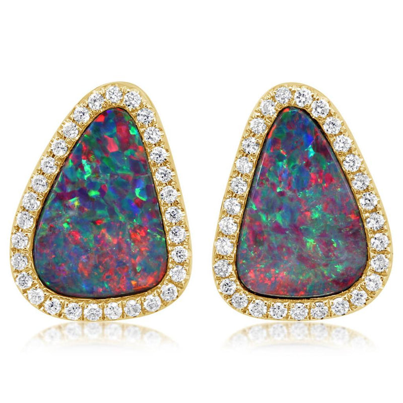 Davis Classics 14k Yellow Gold Australian Opal Doublet and Diamond Halo Stud Earrings