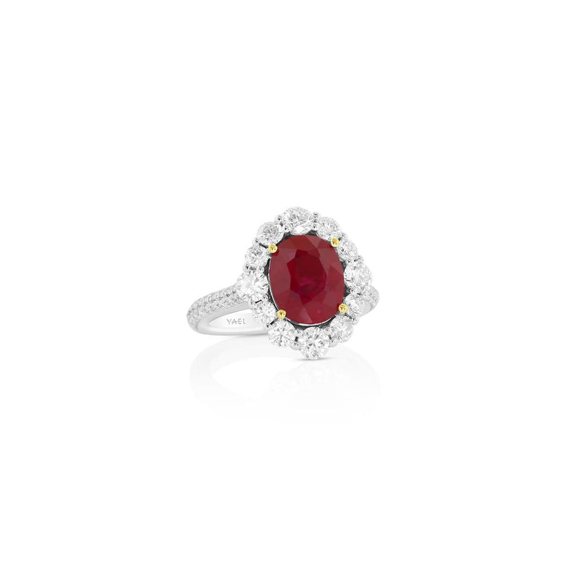 Yael 18k White and Yellow Gold Ruby and Diamond Floral Halo Ring